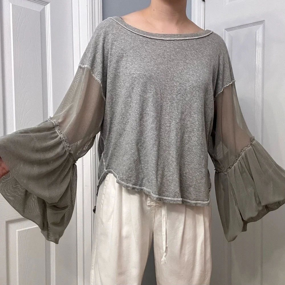 Free People BlouseFlare Sleeve Mesh Cut Out Gray Boho Lagenlook Size Extra Small